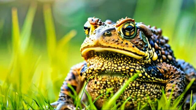 The toad are posing on grass on a nature background
