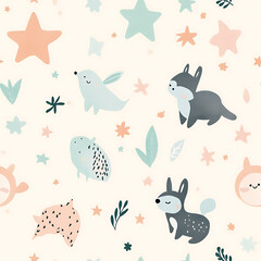 Seamless Repeating Pattern of Animals and Stars on Wallpaper, Cozy Storybook Illustration in Context Art Style for Charming Home Decor Designs