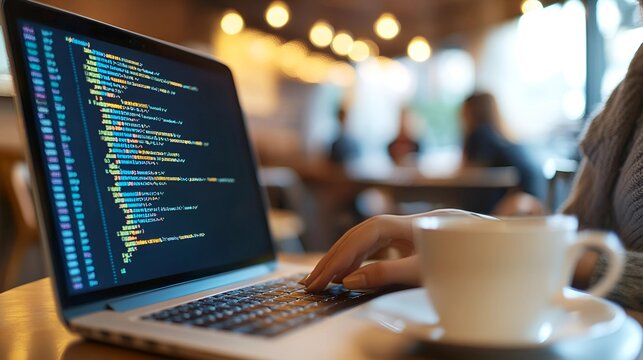 A woman coding while sitting in a trendy café, her laptop open with code visible, a cup of coffee next to her