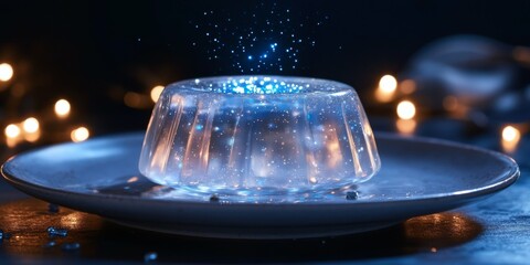 Plate of Clear Jelly Dessert with Embedded Lights Pulsing Rhythmically Like a Pulsar