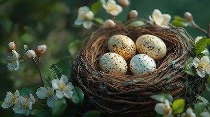 Fototapeta premium A bird's nest with four speckled eggs sits in a tree branch surrounded by white blossoms.