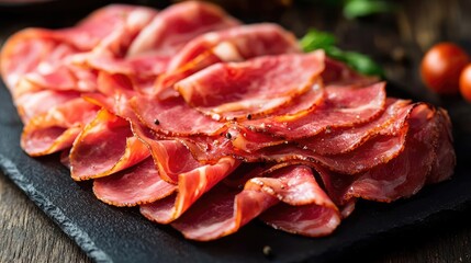 Sliced cured meat arranged on a dark slate plate with fresh ingredients.