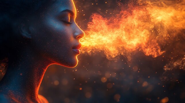 Dynamic scene showing person practicing breathwork with colorful waves emanating from their mouth and nostrils to represent the flow and impact of controlled breathing techniques