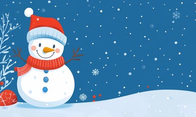 Fototapeta premium Festive winter holiday banner cheerful snowman in hat and scarf on snowy background with copy space