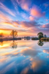 Serene sunrise over lake with reflecting colorful clouds in vivid sky