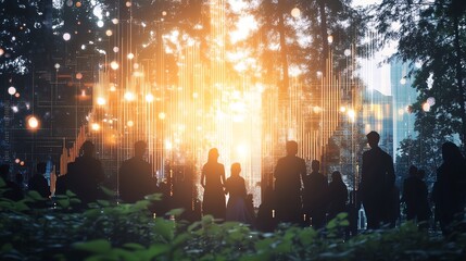 Business crowd in a natural environment, surrounded by big data visualizations, stock market trend lines connecting through digital structures, bright and modern atmosphere
