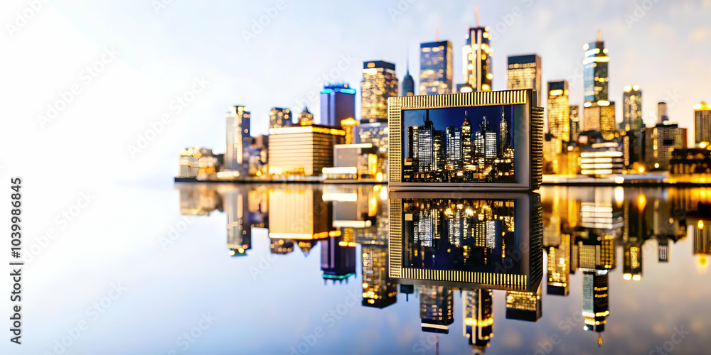 Poster macro view microchip cityscape reflection close up image ai impact urban business copy space stock p