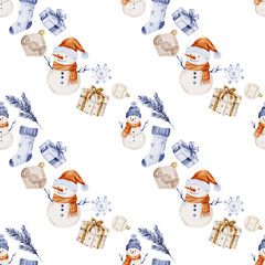 Festive Winter Charm: Blue and Beige Watercolor Illustration of Snowmen, Pine Cones, and Christmas Socks with Decorative Elements