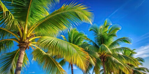 Fototapeta premium Coconut palm fronds blowing in the wind against blue sky