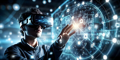 Close Up Employees Hand Reaching Holographic Data VR Concept Macro Image Employee Hand Touch Holographic Data VR Headset Office Interactive Engagement Virtual Information Copy Space Photo Stock Concep