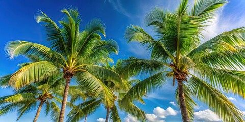 Fototapeta premium Coconut palm fronds blowing in wind against blue sky