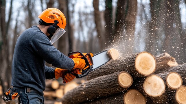 A worker in an orange uniform uses a chainsaw to cut down trees on forest land filled with fallen trunks - Powered by Adobe