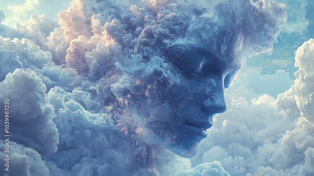 Poster an ethereal encounter abstract cloud formation molding into a serene face merging nature and emotion