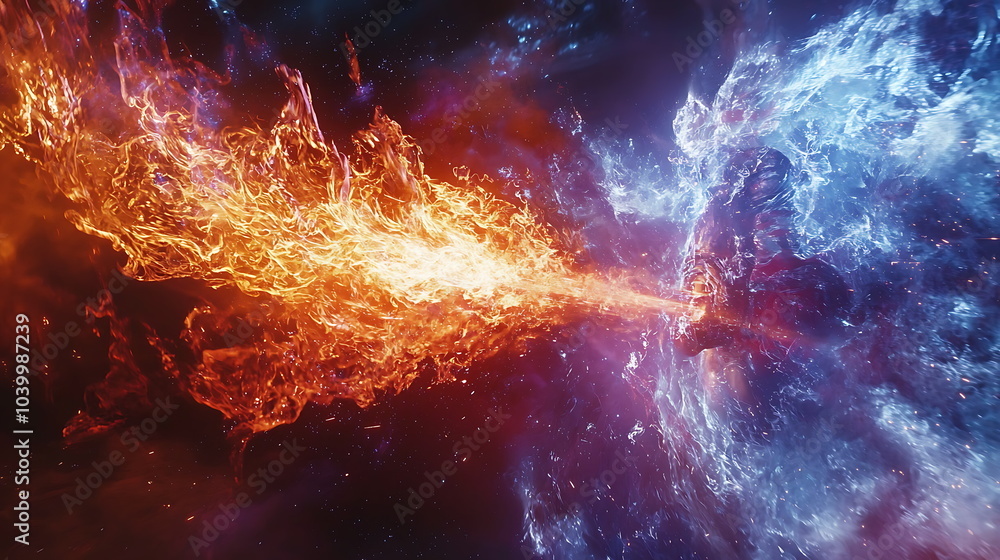 Poster stunning abstract visualization of celestial fire and ice colliding in cosmic space evoking the dual