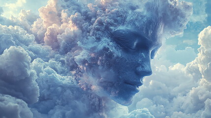 An ethereal encounter abstract cloud formation molding into a serene face merging nature and emotion in a dreamlike atmosphere
