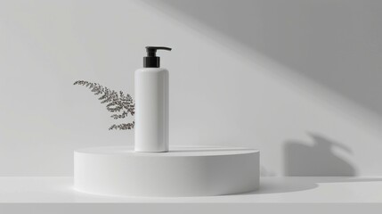 Minimalist product display. White bottle on a pedestal with a shadow of a fern plant. Simple, elegant, and minimal product photography.