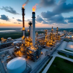 Mesmerizing aerial view of a massive industrial oil refinery complex against a glowing sunset sky featuring towering pipes storage tanks and intricate machinery illuminated by the fading daylight