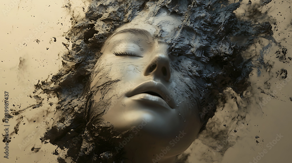 Poster Abstract fusion of a serene face with flowing substance a captivating exploration of emotional depth and artistic expression