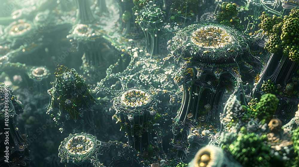 Aufkleber exploring the depths of an abstract fractal landscape intricate structures and organic forms emerge 
