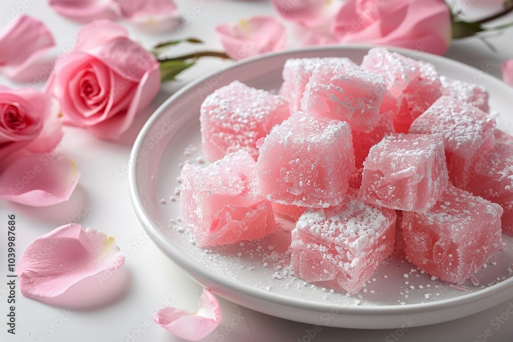 Poster an overhead and up-close view of a rose turkish delight served on a white plate with plenty of space