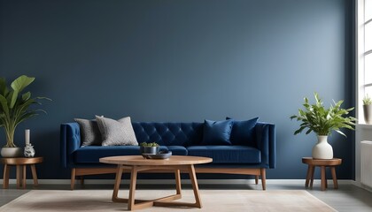 A modern living room with a navy blue velvet sofa, wooden coffee table, and decorative vase on the table.