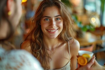 Fototapeta premium A beautiful young woman sitting at a table in a cafe is surprised when her friend gives her an unexpected gift