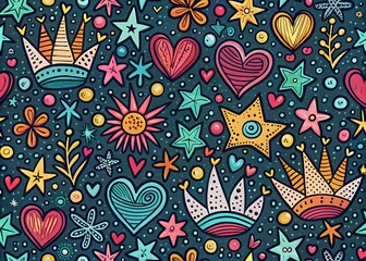Fototapeta premium Fun Hand-Drawn Doodle Pattern of Crowns, Hearts, and Stars for Modern Fabric and Wallpaper Design