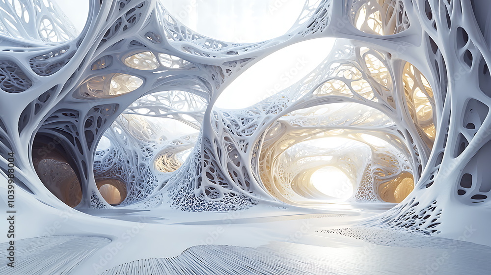 Poster Exploring the beauty of an abstract white structure with intricate weblike forms a journey through surreal architecture