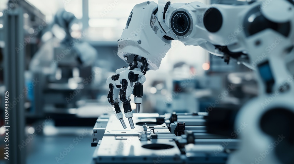 Aufkleber A robot assembling intricate robotic arms in a high-tech robotics lab with advanced manufacturing equipment, clean and precise environment, Robotics-tech style