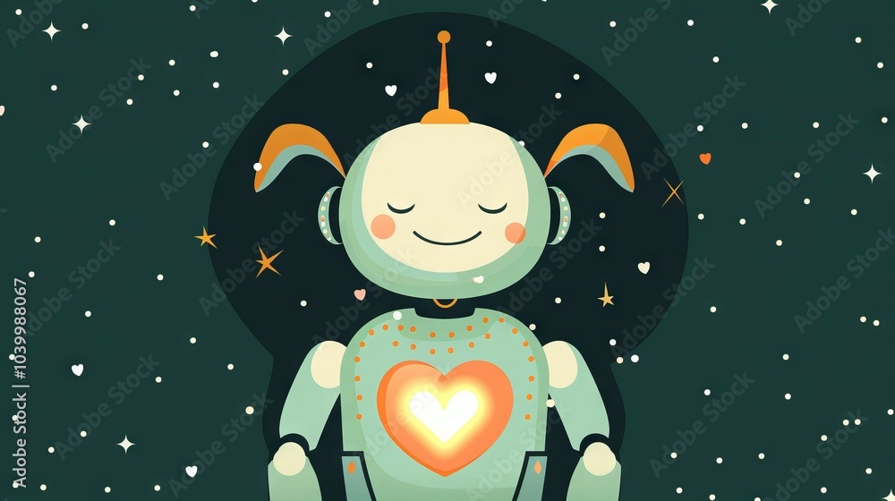 Poster robot with heart in space. a friendly robot with a glowing heart amidst a starry backdrop, symbolizi