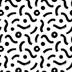 Wavy and curved bold brush strokes with circles seamless pattern. Abstract geometric texture in grunge graffiti style.