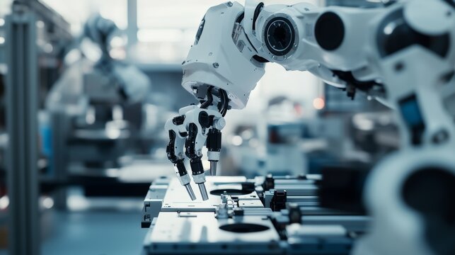 A robot assembling intricate robotic arms in a high-tech robotics lab with advanced manufacturing equipment, clean and precise environment, Robotics-tech style