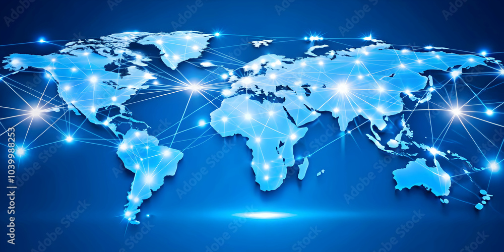 Poster plain blue background glowing network nodes connected lines global connectivity smart cities ad spac