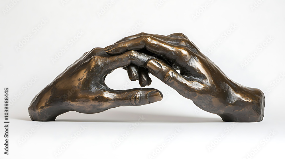 Poster Artistic bronze sculpture of two hands reaching out symbolizing connection and unity in modern art