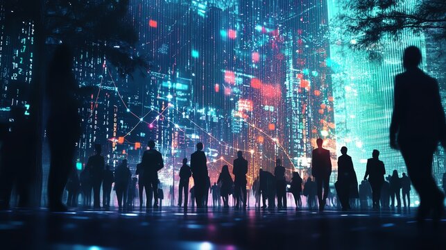 Business crowd in a natural environment, surrounded by big data visualizations, stock market trend lines connecting through digital structures, bright and modern atmosphere