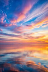 Fototapeta premium Sunset over calm water with vibrant clouds in stunning vivid sky