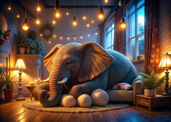 Funny Elephant Sleeping in Room - Realistic 4K Animation for Unique Stock Images