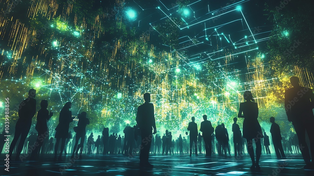 Poster a dynamic crowd of professionals with glowing data networks connecting them, stock market graphs ove