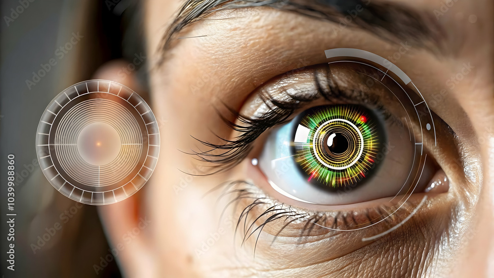 Poster close up eye smart contact lens data concept macro image ai enhanced vision business analytics proje