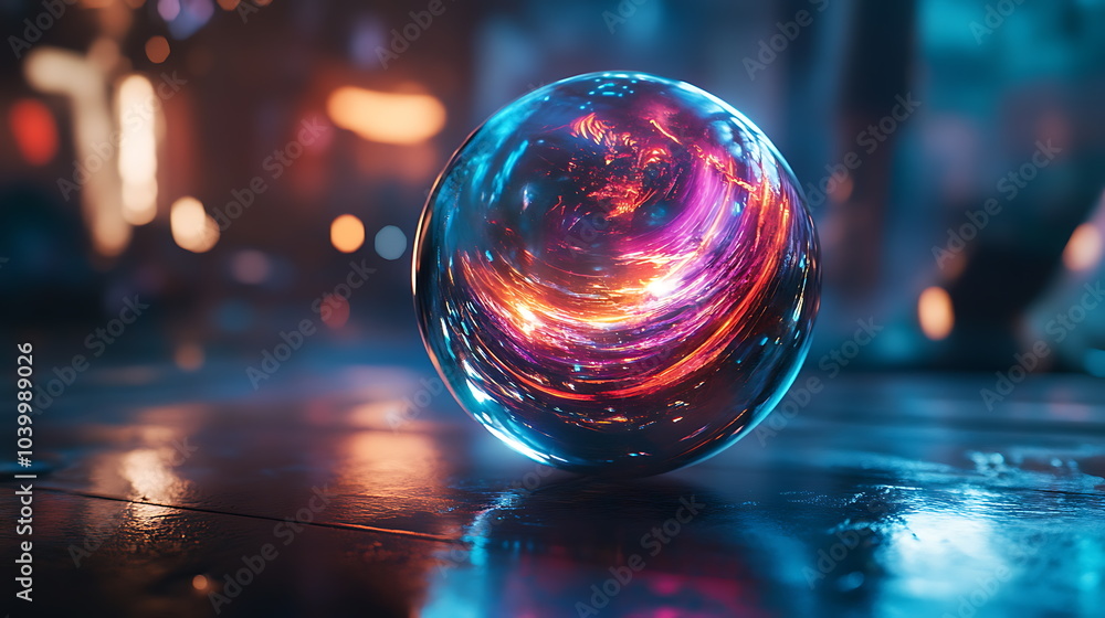Poster a colorful abstract orb reflecting vibrant lights in a mystical atmosphere capturing the essence of 
