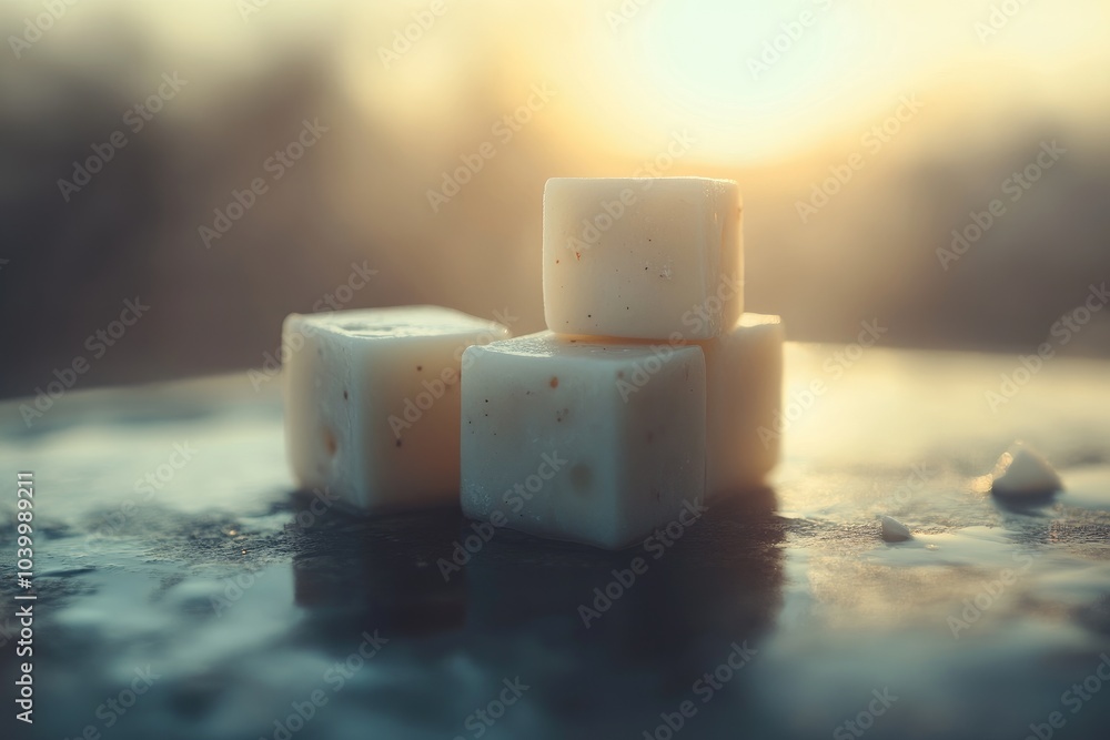 Canvas Prints Three White Cubes Reflecting on a Water Surface with Sun in the Background