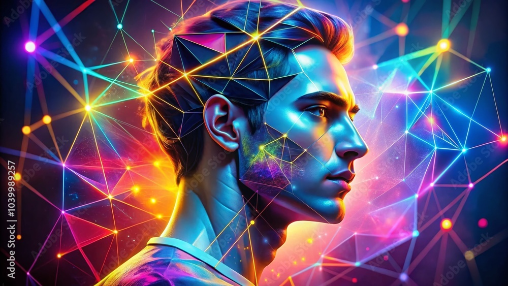 Poster futuristic abstract 3d technology visualization with geometric neon patterns for big data and ai con