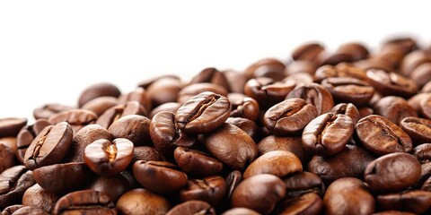 Fototapeta premium Coffe beans on white background with shallow depth of field in medium shot