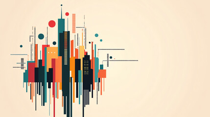 Binary code expanding into a city, urban growth powered by data, flat design illustration