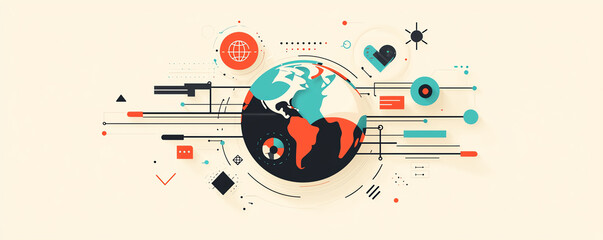 Obraz premium Globe with expanding data lines, global growth through data connectivity, flat design illustration