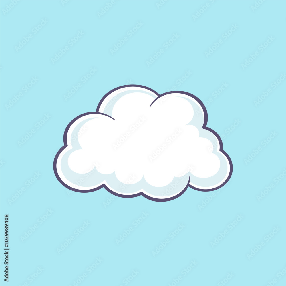 Wall mural white fluffy cloud with black outline on blue background. vector flat illustration.
