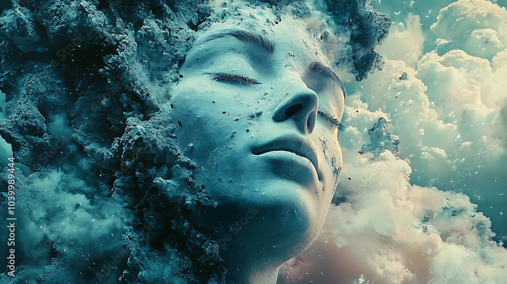Poster a dreamy face emerging from ethereal clouds capturing the intersection of human emotion and nature's