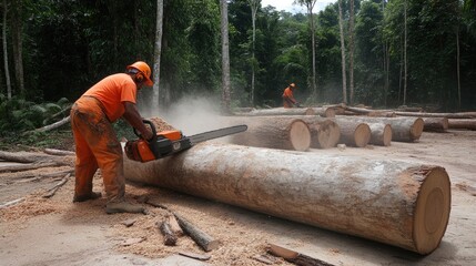 A worker in an orange uniform uses a chainsaw to cut down trees on forest land filled with fallen trunks.