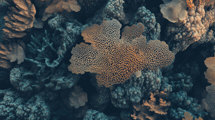 Obraz premium Coral reef ecosystem showcasing detailed textures and patterns beneath clear blue waters at a tropical location