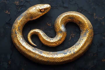 Fototapeta premium Golden snake coiled in a circle on a dark background